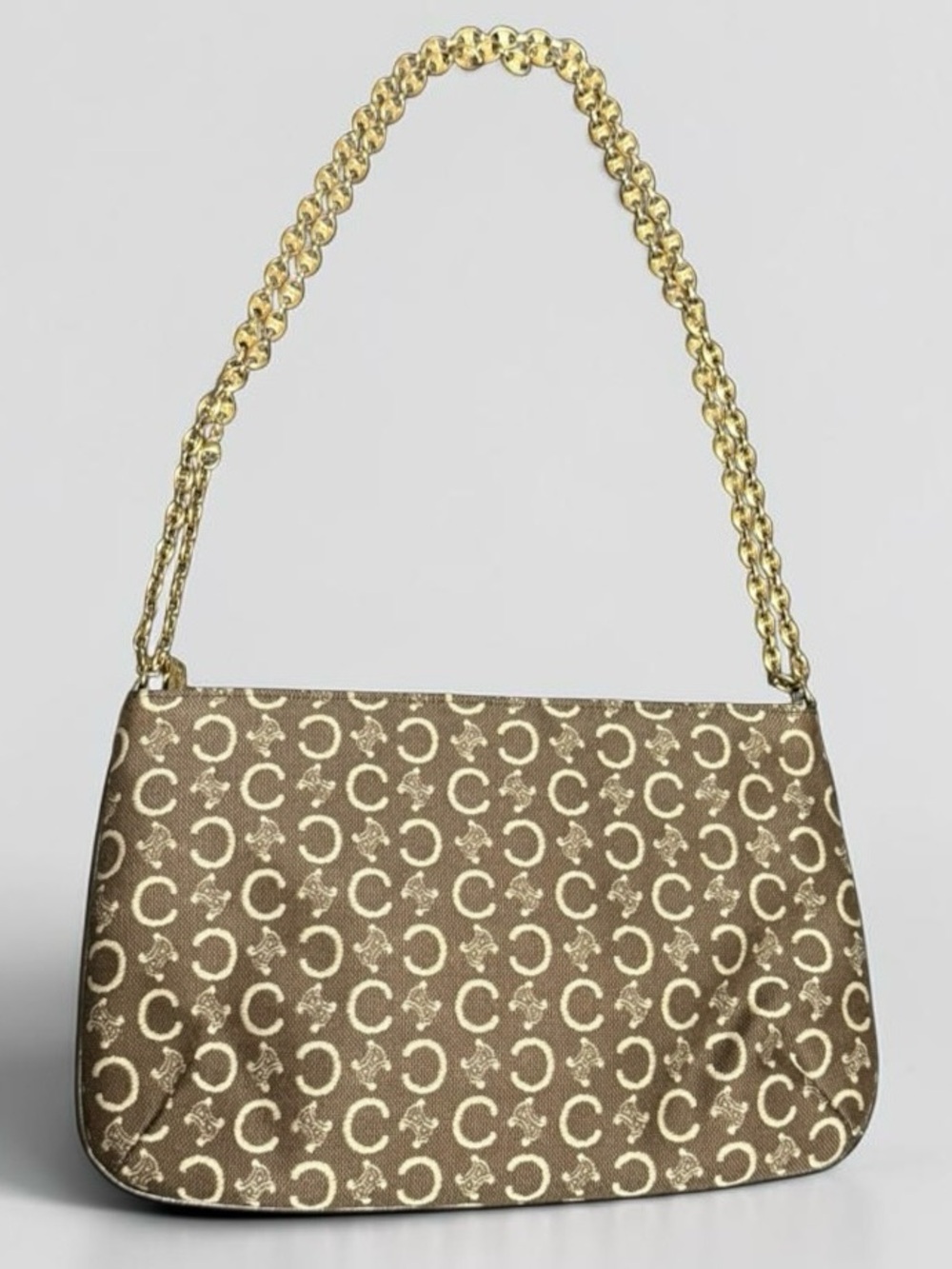 Vintage Celine C macadam Chain Pochette Shoulder Bag Brown Gold